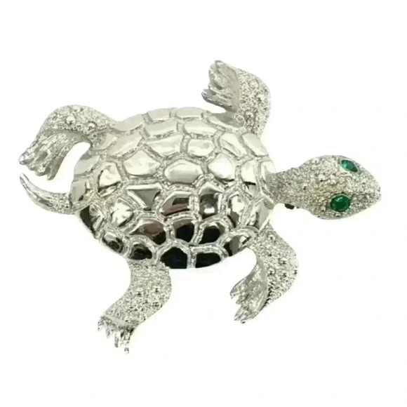 Vintage Monet Sea Turtle Tortoise Brooch Silverplate Green Rhinestone Eyes - Picture 1 of 14